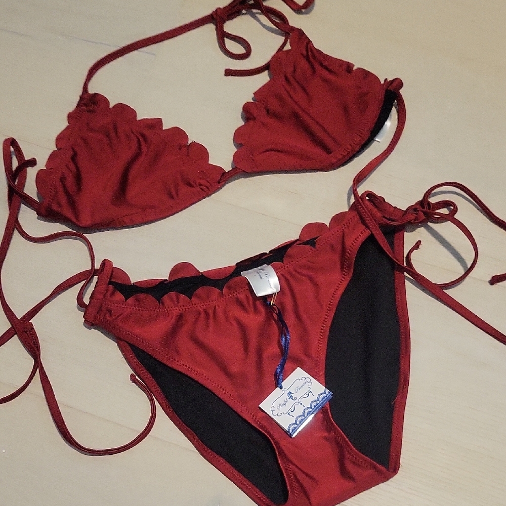 NWT Oxblood Red Scalloped Bikini Set
